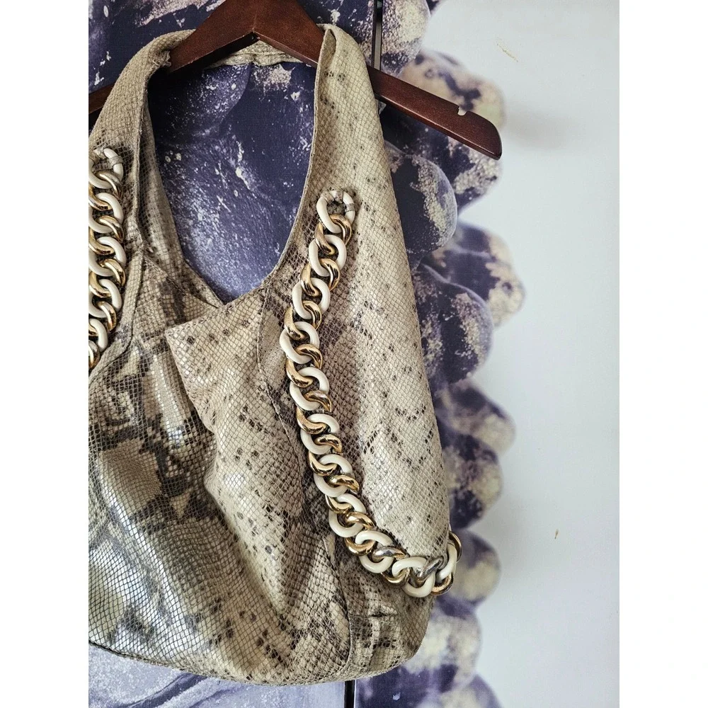 Michael Kors Snakeskin Embossed Leather Hobo Bag Gold Chain Link Beige Brown